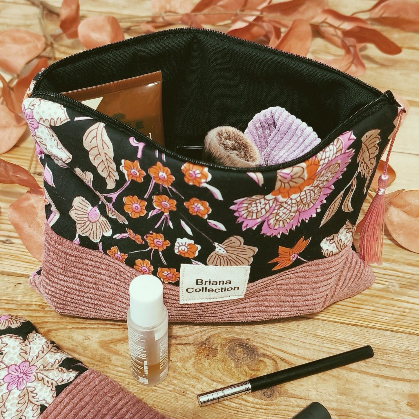 Pochette de beauté en coton indien et velours côtelé vieux rose et fermeture zip
