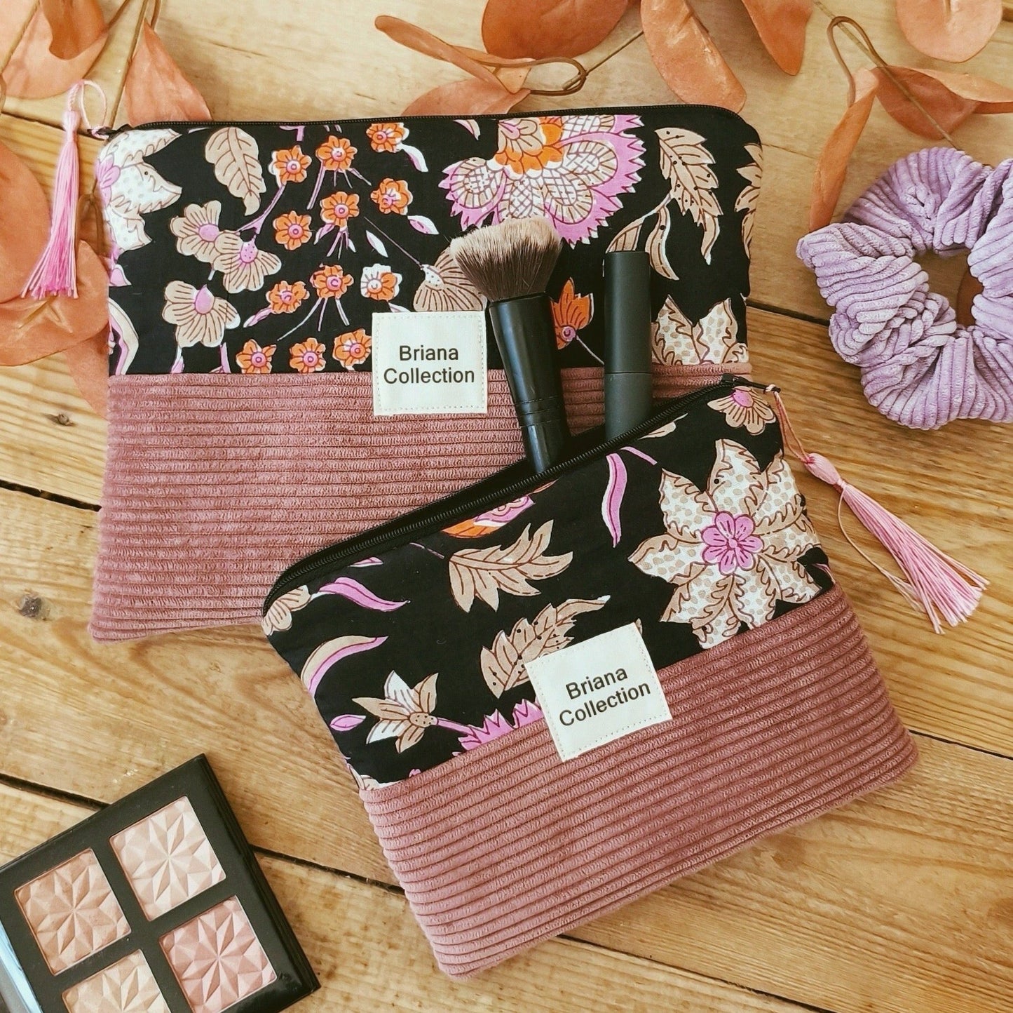 Pochette beauté en coton et velours cotelé moltonnée avec fermeture zip