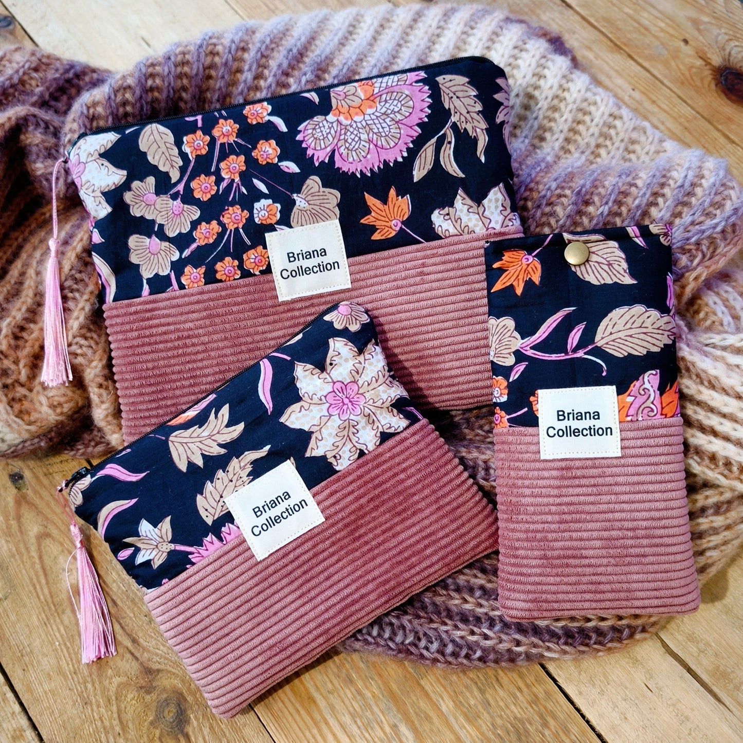 Pochette matelassé taille XL bi matière coton block Print / velours ROSIE