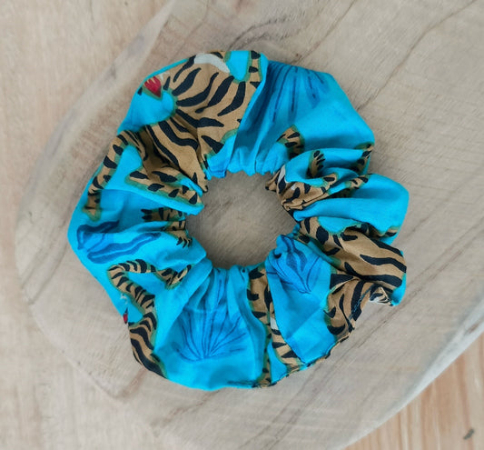 Chouchou tissu coton indien - tigres fond turquoise