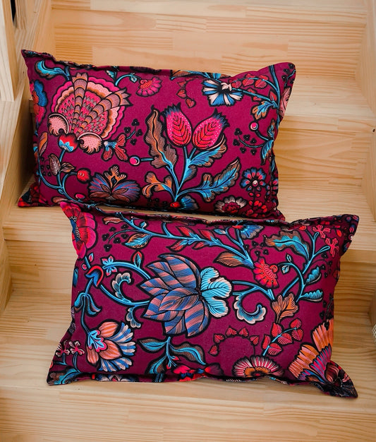 Coussin décoration maison  rectangle 60x40 motifs fleurs fond rose en coton déhoussable et lavable en machine 