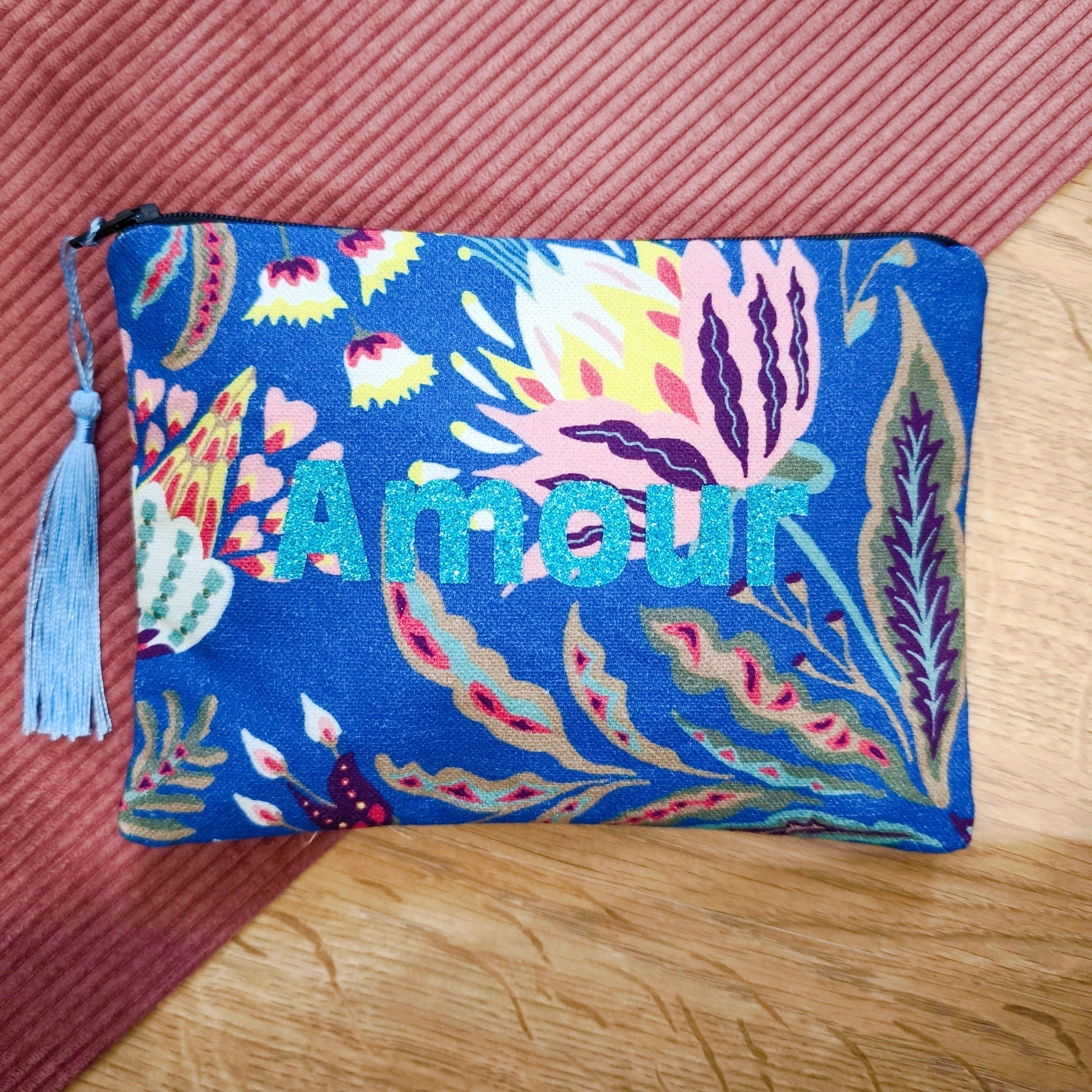 Petite pochette en coton avec message paillettes AMOUR