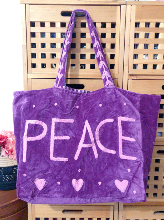 Grand sac cabas en velours brodé non matelassé  – PEACE