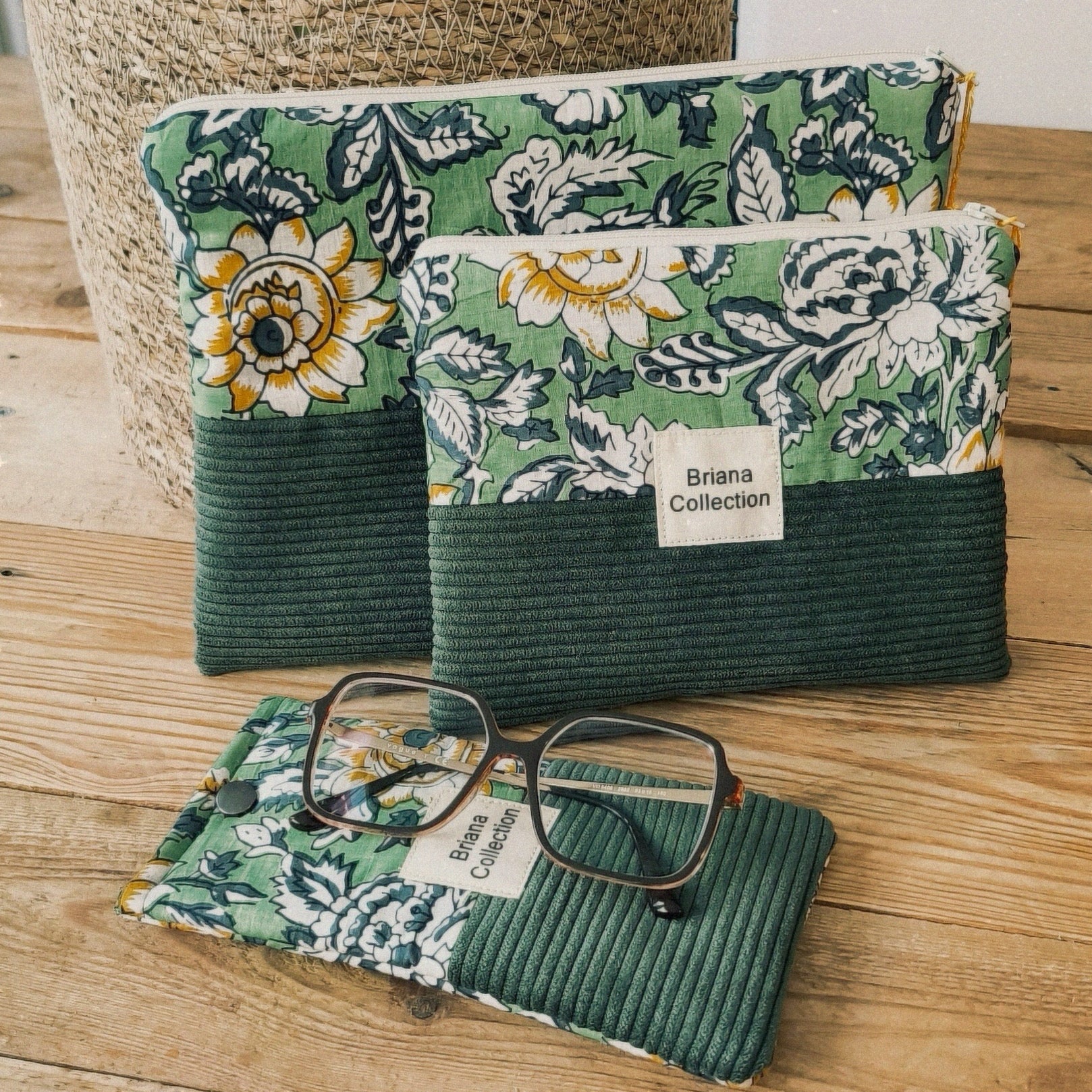 Pochette beauté grand modèle bi matière coton indien et velours côtelé doublé ouatine 