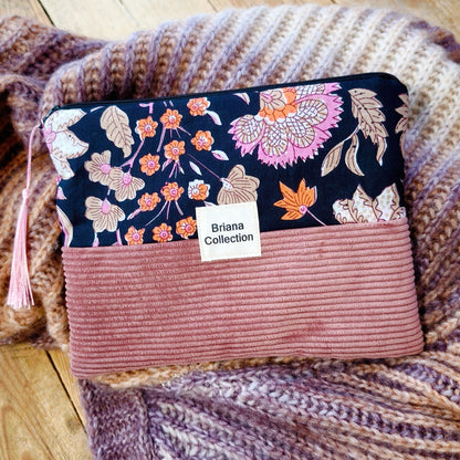 Pochette matelassé taille XL bi matière coton block Print  / velours ROSIE