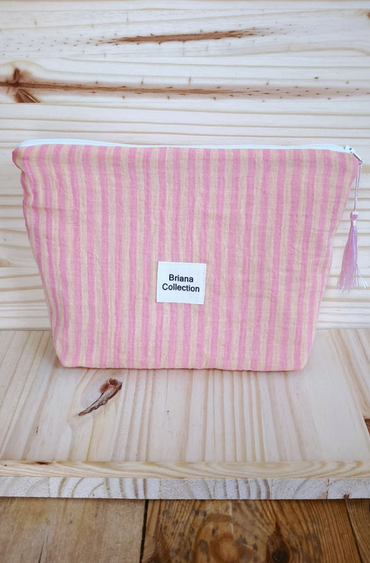Pochette à zip en coton à rayures couleur pêche 
