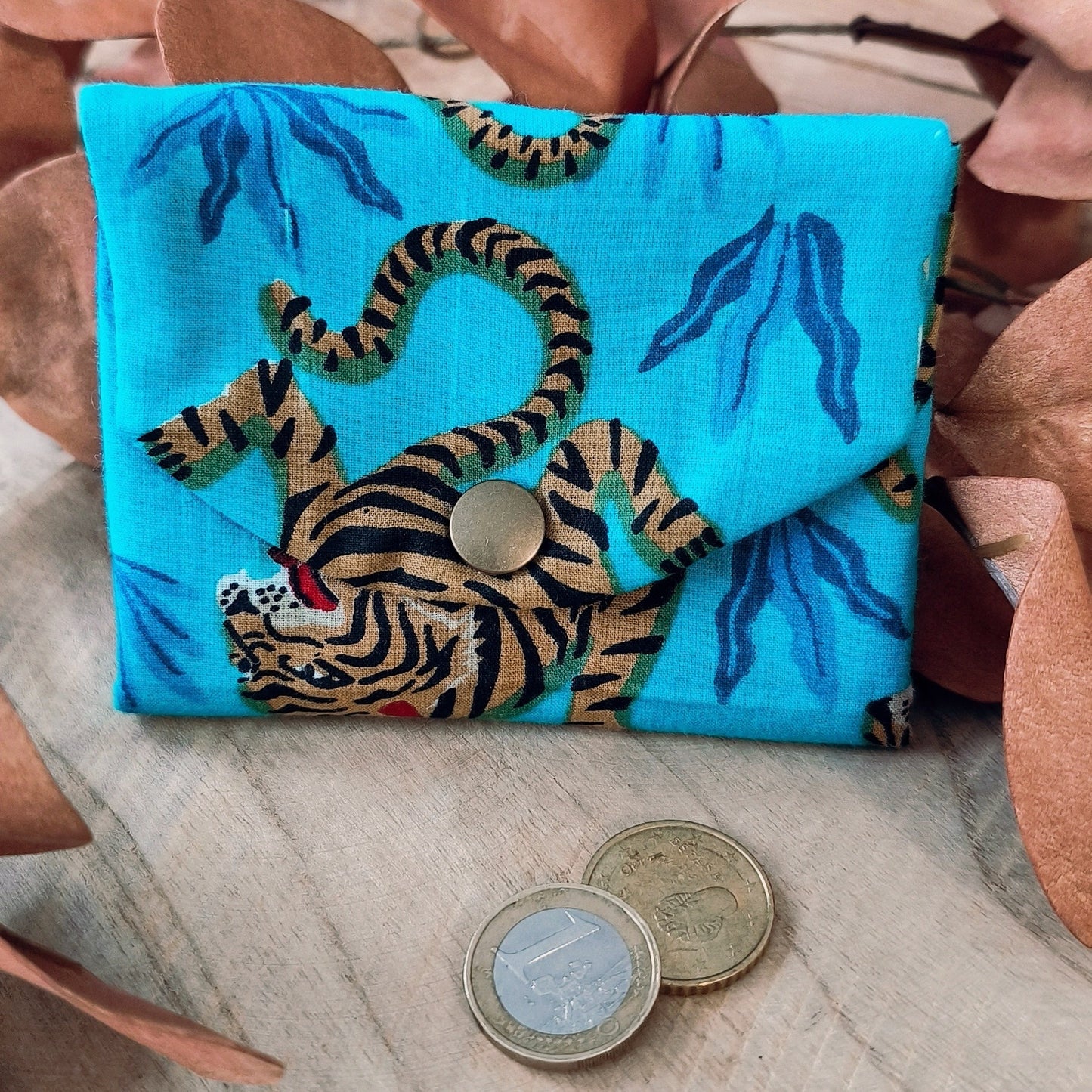 Porte monnaie / Porte cartes ESKO motif tigres fond turquoise